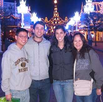 Loo (far left) on Main Street U.S.A. in Disneyland Paris, where he spent his Thanksgiving vacation this year with fellow Berkeley alumni (left to right) Tony Pilara (Political Science/Public Policy) and Erin Palermo (B.S.’08 IEOR) and Cal mom Arleen Young-Loo. COURTESY BRIAN LOO