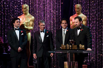THANKING THE ACADEMY: Debevec (far right) accepts the techie equivalent of an Academy Award for computer graphics work he and his collaborators performed in Avatar. COURTESY ACADEMY OF MOTION PICTURE ARTS AND SCIENCES