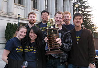 WE ARE THE CHAMPIONS: Coming out on top after a week of interdepartmental competitions, members of the winning MSE team pose with the Engineering Olympics trophy. Front row, from left: Jessica Burton, Jessie Yang, Alex Bryant and Yusuke Harada; back row, from left: Justin Clune, Andrew Izumi and Brannon Smith. COURTESY LANA NGUYEN