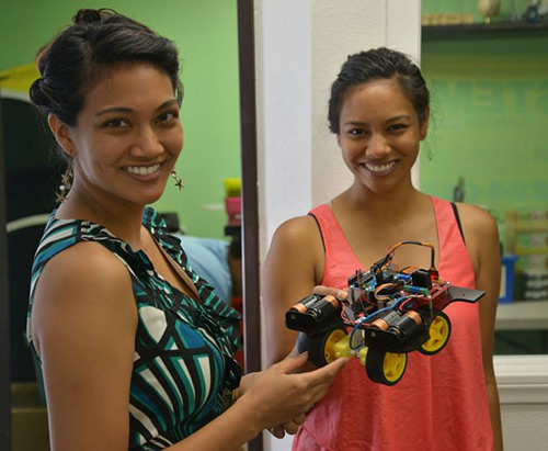 Melissa and Lavanya Jawaharlal with their Pi-Bot.