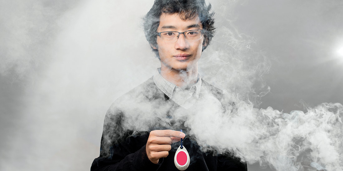 David Lu with Clarity air-quality monitor