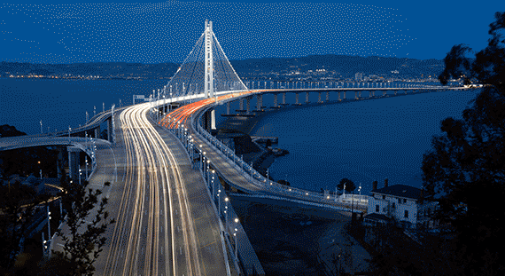 Nighttime traffic flowing on the Bay Bridge