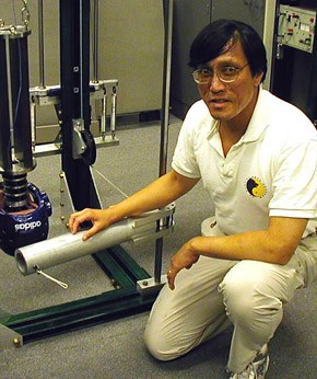Professor Dennis K. Lieu with martial arts headgear strike-testing apparatus. Photo credit: Dennis K. Lieu. 