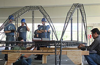 The Berkeley team works on 'Calatrava,' Cal's award-winning 17th annual National Student Steel Bridge Competition entry. Photo credit: Raman Bhatia 