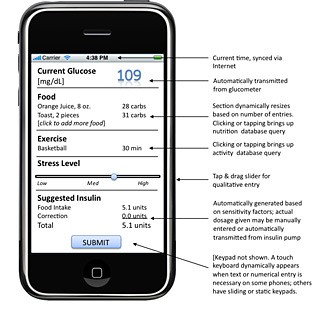 The mock-up from Hannemann and Eisinger's white paper shows what a sample readout from the integrated diabetes management system might look like on an iPhone. The application would work on other smartphones as well. Photo courtesy of Chris Hannemann 