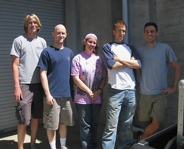 Caldecott Tunnel field study team. From left to right: John McLaughlin (UCB B.S. 2008), George Ban-Weiss (UCB Ph.D. 2008), Melissa Lunden (LBNL staff scientist), Tom Kirchstetter (UCB Ph.D. 1998), Andrew Kean (UCB Ph.D. 2002). PHOTO CREDIT: ROB HARLEY 