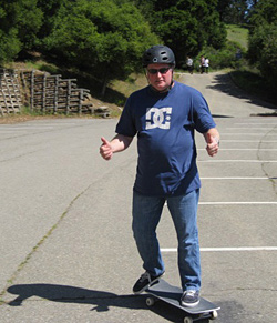 Daryl Chrzan (Ph.D.'89 Physics), Berkeley professor of materials science and engineering, is a longtime skateboarding devotee. He finds a way to combine his chosen sport with his passion for science in a freshman seminar he calls the "Physics and Materials Science of Skateboarding." PHOTO CREDIT: ABBY COHN