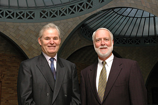 Clough (right), with the late Dean A. Richard Newton, returned to Berkeley when he received Berkeley Engineering’s Distinguished Engineering Alumnus Award in 2004. PEG SKORPINSKI PHOTO