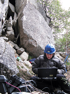CAUTION, FALLING ROCK: CEE doctoral student Valerie Zimmer downloads data from one of her rockfall monitoring stations in Yosemite National Park. She and her research team hope to eventually predict when and where rockfalls might occur. Zimmer’s work was featured on the History Channel’s “How the Earth Was Made” during a Yosemite episode that aired Dec. 22. PHOTO SHEE ZHIQIANG