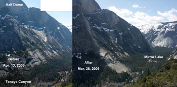 ONCE EVERY FEW DECADES: A large rockfall like this March 28, 2009, event occurs rarely in Yosemite. (Note the large swath of rock between the strands of trees in the right-hand photo.) Zimmer and her team were lucky enough to capture the event, recording seismic and acoustic data from start to finish. PHOTO COURTESY VALERIE ZIMMER, DAN KOCEVSKI AND GREG STOCK