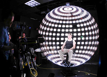 SPHERE OF LIGHT: Actor Alfred Molina in an early version of the Light Stage. Molina’s CGI twin played the multi-tentacled villain, Doc Ock, in the 2004 film Spider-Man 2. His digital character fooled audiences with visually realistic appearances battling Spider-Man in midair, then sinking into the Hudson River in a dramatic full-screen facial close-up. COURTESY USC ICT