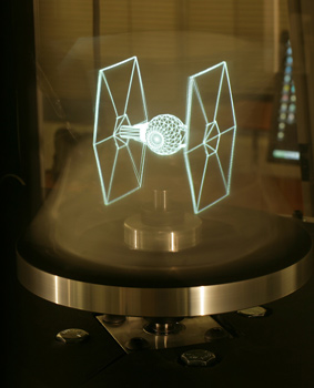 NOT SO FAR, FAR AWAY: Debevec’s team is working on new projects like this 3-D imaging technology. The Star Wars TIE fighter references the 1977 movie that first dramatized such an idea. Of course, that was a special effect. Debevec’s project is real. COURTESY USC ICT