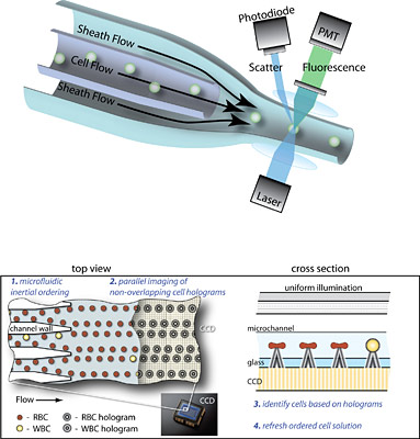 GO WITH THE FLOW: The top figure shows the mechanism of operation for a conventional flow cytometer. In the bottom figure, two different views illustrate how researchers are applying inertial microfluidics to simplify the instrument’s operation to require less fluid and energy. Benefits of this new approach include lower instrument cost and improved access to diagnostic testing. COURTESY DINO DI CARLO