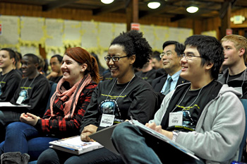 WORDS OF ENCOURAGEMENT: Civil engineering student Wintana Alem (center) and fellow LeaderShape Institute participants Irina Badulescu and Gary Ong enjoy a panel discussion featuring business and community leaders. Fifty-nine undergraduates spent their winter break at the retreat, which was organized by Engineering Student Services. COURTESY CRAIG TURNER