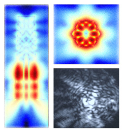 LIGHTING THE WAY: The unique structure of the nanopillars grown by researchers strongly confines light in a tiny volume to enable subwavelength nanopillars. Images on the left and top right show simulated electric field intensities that describe how light circulates helically inside the nanopillars. On the bottom right is an experimental camera image of laser light from a single nanolaser. COURTESY CONNIE CHANG-HASNAIN GROUP