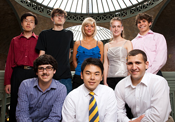 CREAM OF THE CROP: All the winners of this year’s department citations, which denote excellence in their respective engineering majors. Back row, from left: Lu Wang, mechanical engineering; Nicholas Boyd, electrical engineering and computer sciences; Ingrid Beerer, engineering science; Michelle Marcus, bioengineering; Riley Reese, materials science and engineering. Front row, from left: Joseph Curtis, nuclear engineering; Lei Xu, industrial engineering and operations research; Matthew Zahr, civil and environmental engineering. PEI-CHUNG TING
