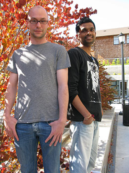 SEARCH AND SUMMARIZE: Taylor Berg-Kirkpatrick (left) and Mohit Bansal, EECS Ph.D. students, developed a computer model that makes it easy to read summaries of news articles on smartphones and cell phones. RACHEL SHAFER PHOTO