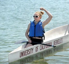 SUCCESS: Jenny Marion celebrates after a hard paddle in the concrete canoe. NOAH BERGER PHOTO