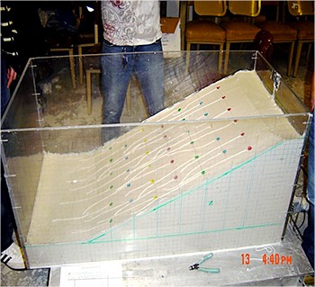 Hamedifar’s plate pile model is tested on a shake table in Davis Hall. (Wendy Wolfson photo)