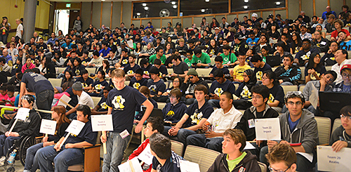 UC Berkeley PiE mentors and the high school students they work with meet on campus to discuss the annual robotics competition. (Photo courtesy PiE)