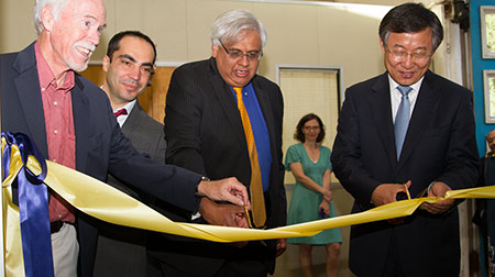 Professors Karl Hedrick and Francesco Borrelli, along with Dean Shankar Sastry and Woongchul Yang of Hyundai, dedicate the Hyundai Center of Excellence at UC Berkeley’s College of Engineering. (Photo by Preston Davis)
