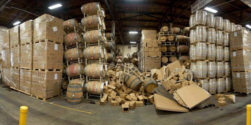Collapsed barrel racks at Napa winery