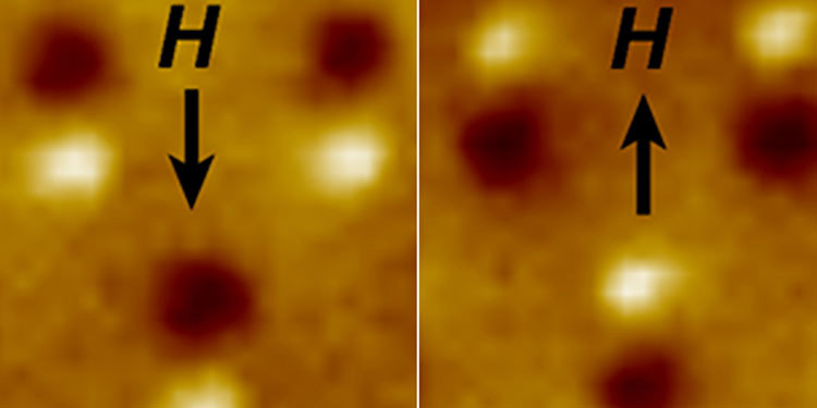 Magnetic microscope image of three nanomagnetic computer bits