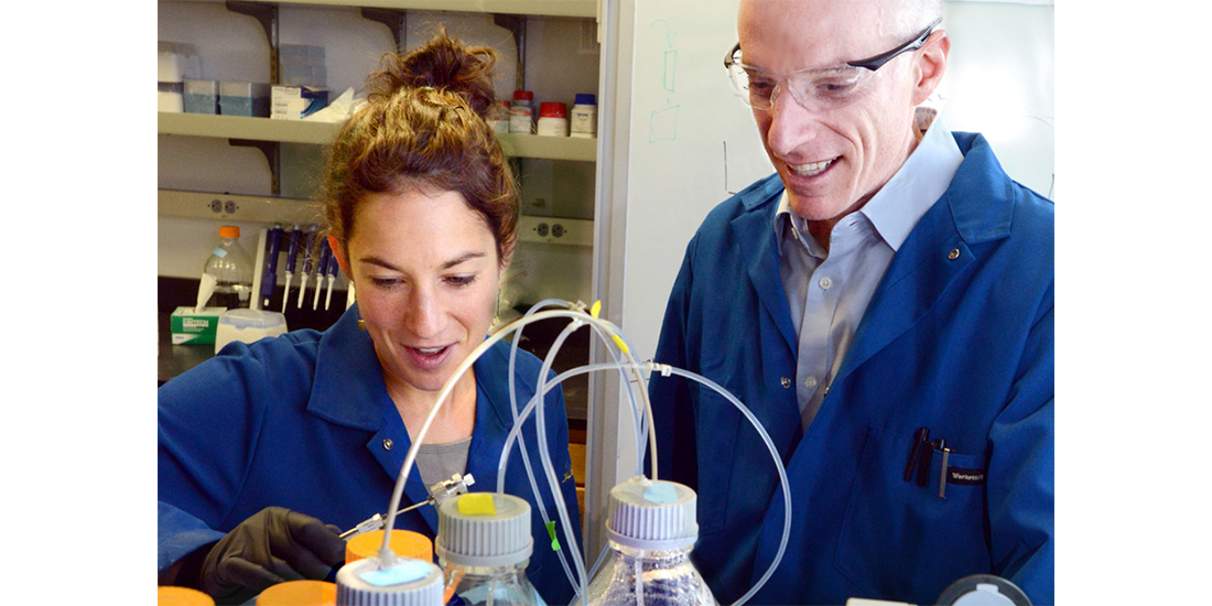Postdoctoral researcher Florence Bonvin and David Sedlak use liquid chromatography as one of their tools to track chemical contaminants in water supplies