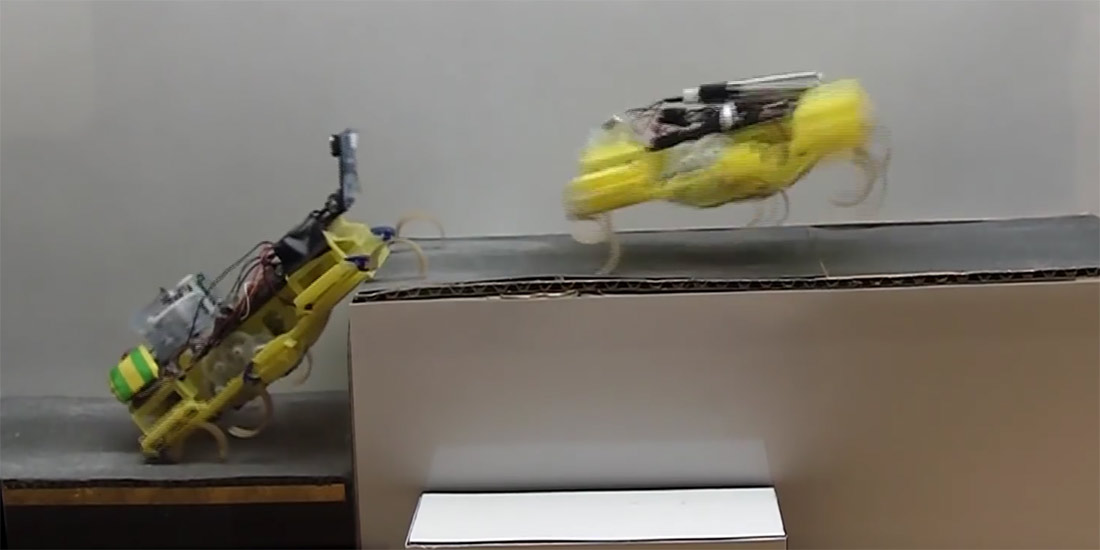 Two two VelociRoACH robots work together to climb a step