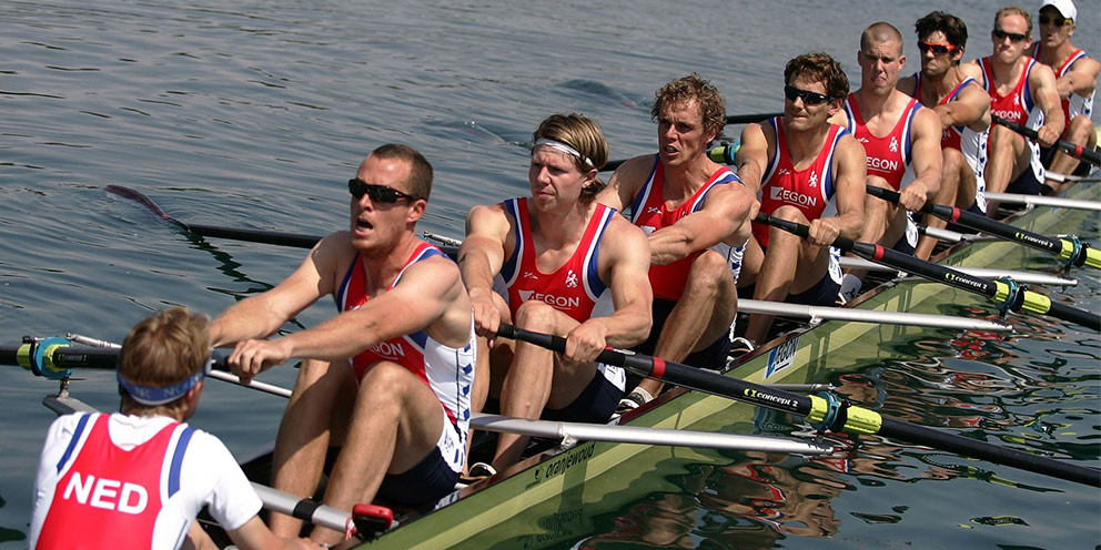 Olivier Siegelaar (third from left) rowing with the Dutch crew team