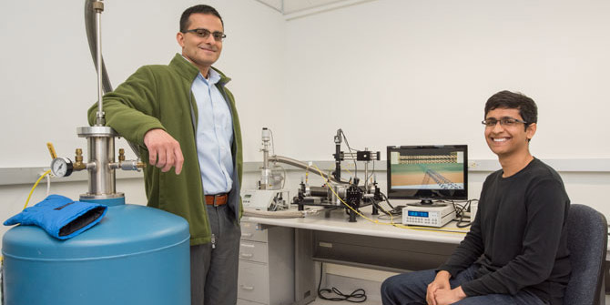 Ali Javey and graduate student Sujay Desai with a vacuum probe station