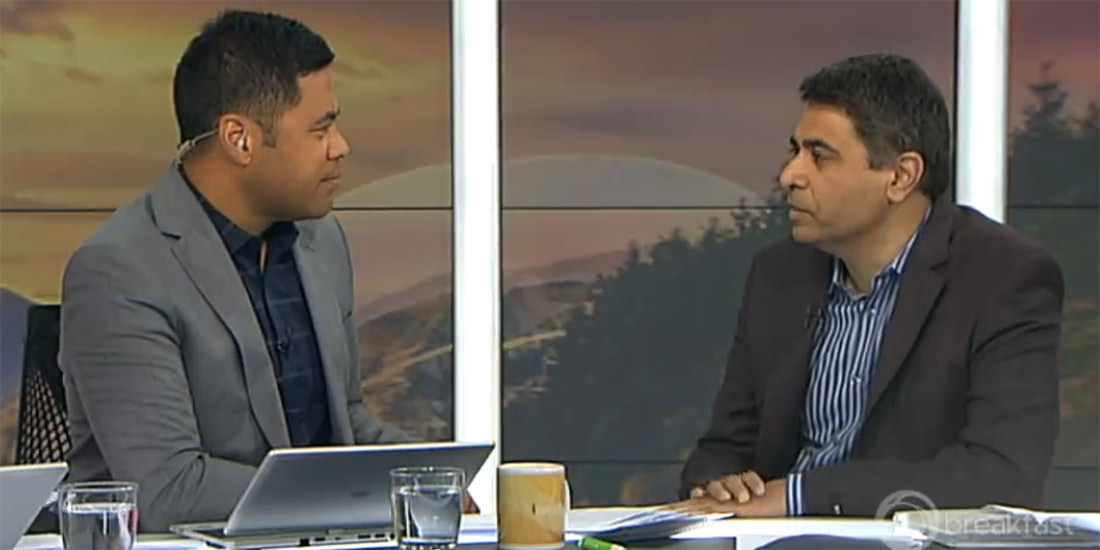 Ikhlaq Sidhu (right) on the Breakfast program on New Zealand TV