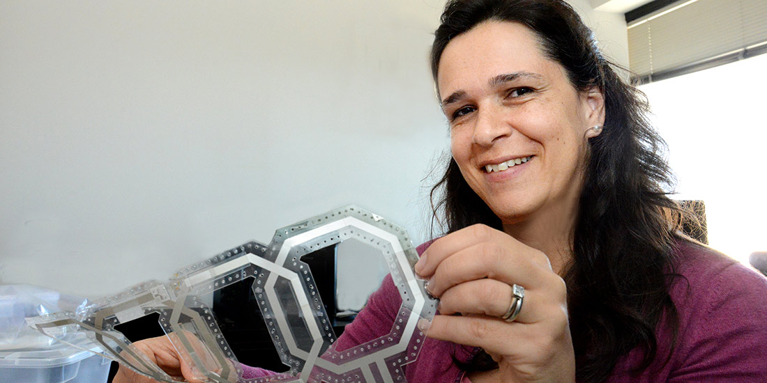 Ana Claidia Arias with a flexible medical sensor