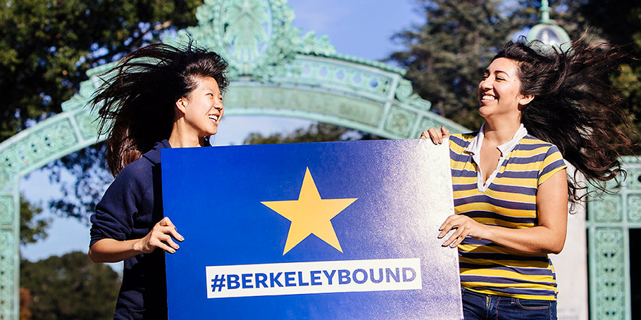 Students at Sather Gate with #BerkeleyBound sign