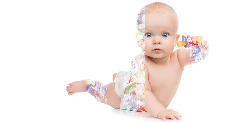 Photo illustration of baby with plastic bottles