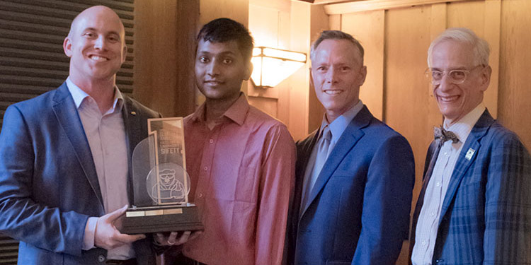 Award winners Lane Martin and Arvind Dasgupta with EH&S Director Patrick Goff and Vice Chancellor for Research Randy Katz