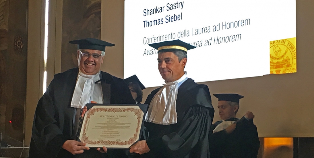 Dean Sastry and Politecnico di Torino rector Marco Gilli hold the honorary degree