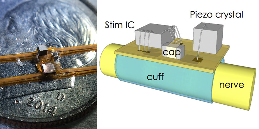 Tiny StimDust device shown atop a dime, and schematic drawing detaililng its components