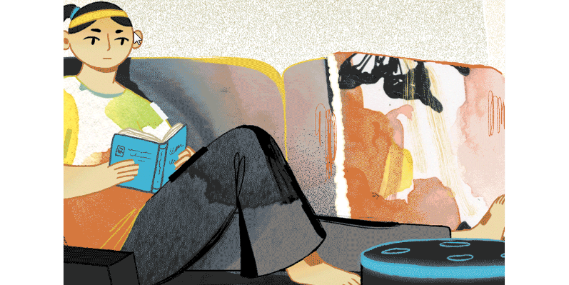Illustration of person reading a book with digital assistant in foreground