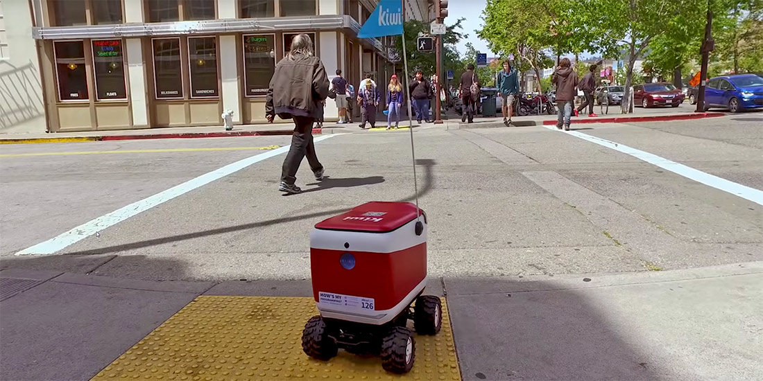 Kiwi robot transporting food in downtown Berkeley