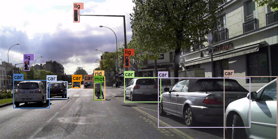 Roadway image showing bounding boxes over objects of note, like cars and traffic signals