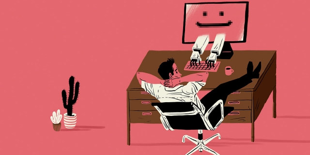Cartoon of worker relaxing at desk while computer does work.