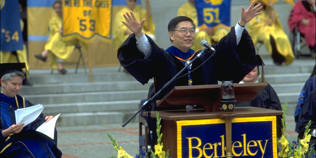 Chancellor Tien, with his provost, Carol Christ, at a Charter Day celebration on the Sproul steps