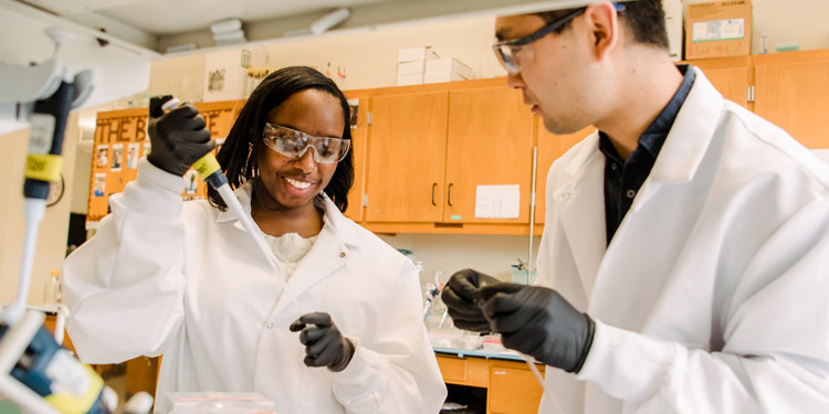 Alexis Waller, a Meyerhoff Scholars Program affiliate at the University of Maryland, Baltimore County, working with postdoc Pengfei Ding