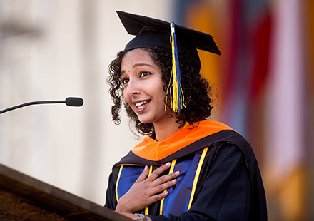 Graduate student speaker Uma Balakrishnan at 2016 commencement