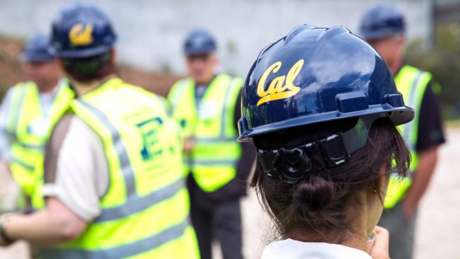 Groundbreaking crew in high-vis vests and Cal helmets
