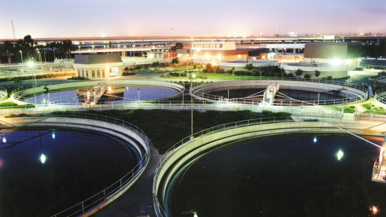 Wastewater treatment plant at night