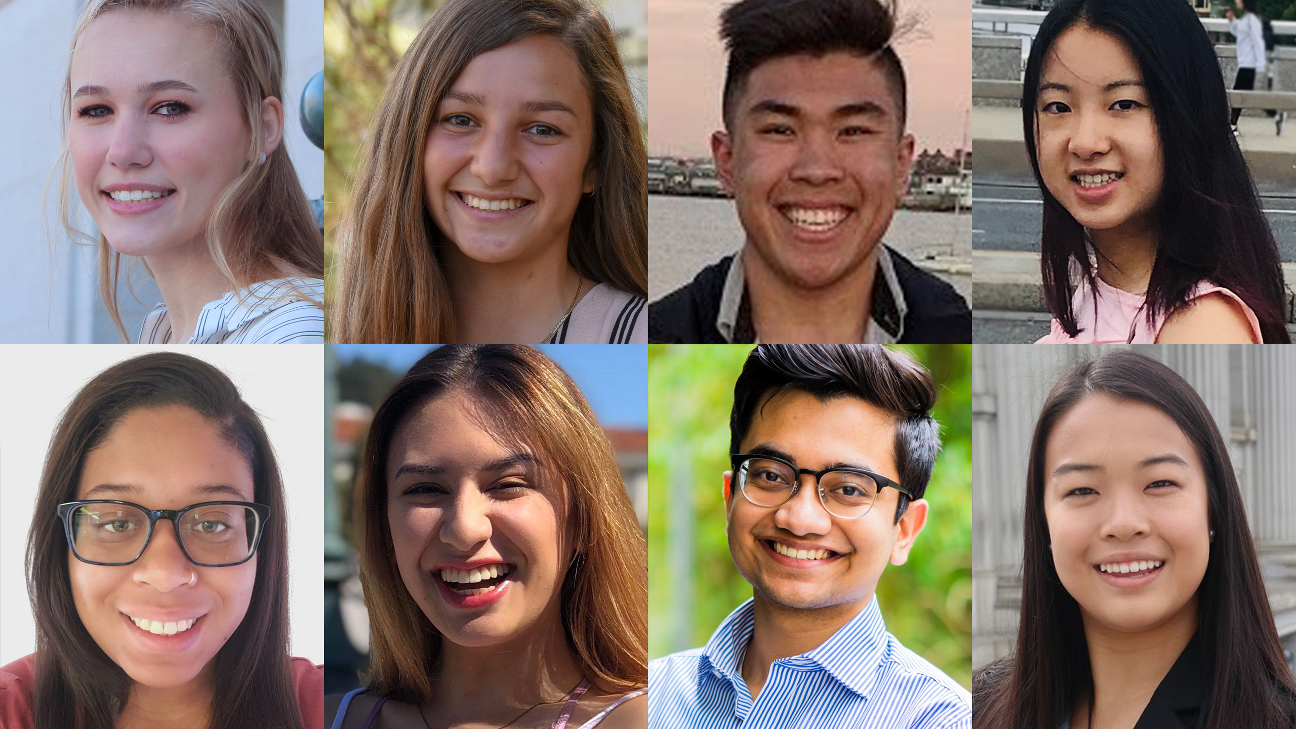Collage of 2020-21 Peer Advisers - Josie Buchan, Aylin Figueroa Uribe, Nick Gee, Sharon Hsia, Affton Maryland, Romy Mastel, Vishrut Rana, and Eileen Wang