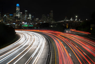 Nighttime highway traffic in San Francisco