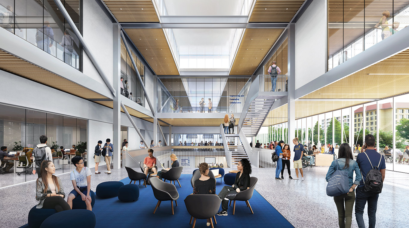 Artist's concept of atrium in the new Engineering Student Center.